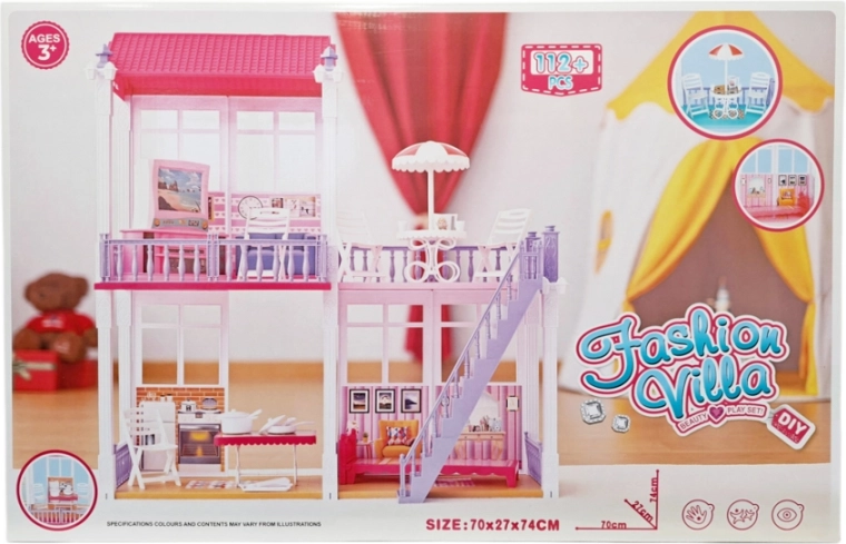Casa de muñecas de dos pisos con muebles y accesorios, 112 piezas