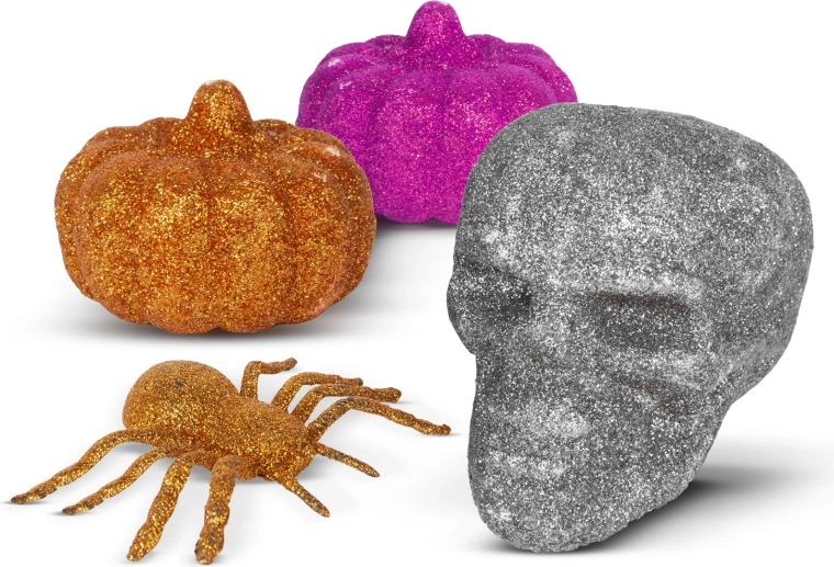 Set decorativo de Halloween con purpurina, araña, calavera y calabazas