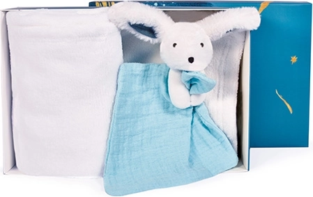 Set de regalo manta de conejito feliz y doudou azul