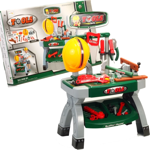 Set de taller infantil con mesa de trabajo verde grisácea y casco 71 cm