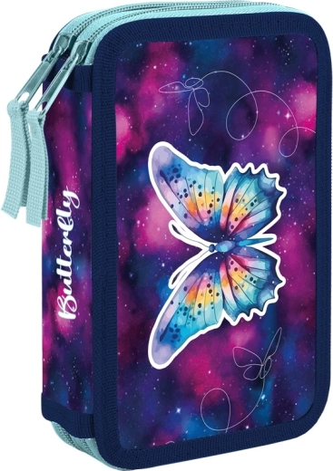 Estuche escolar de dos pisos con motivo de mariposa, vacío