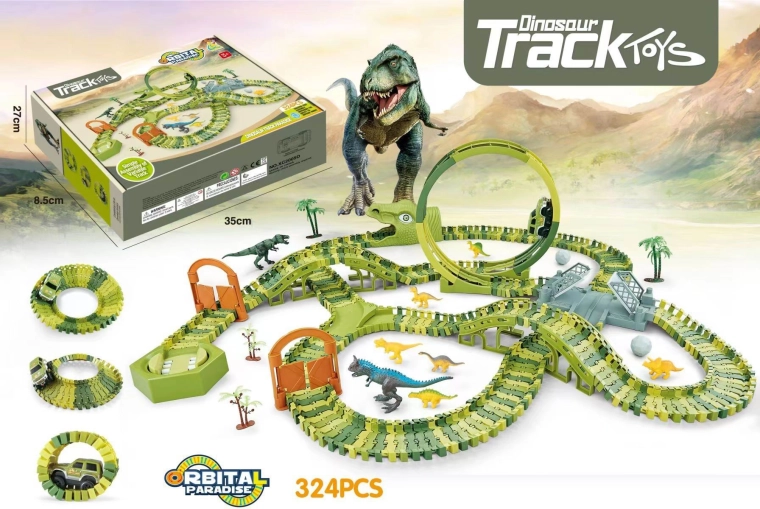 Parque de dinosaurios – circuito de trenes y cochecito