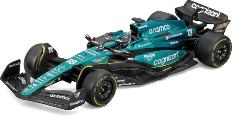 Bburago 1:43 Formula 1 Aston Martin AMR23 #18 Lance Stroll – modelo metálico con piloto en caja de regalo