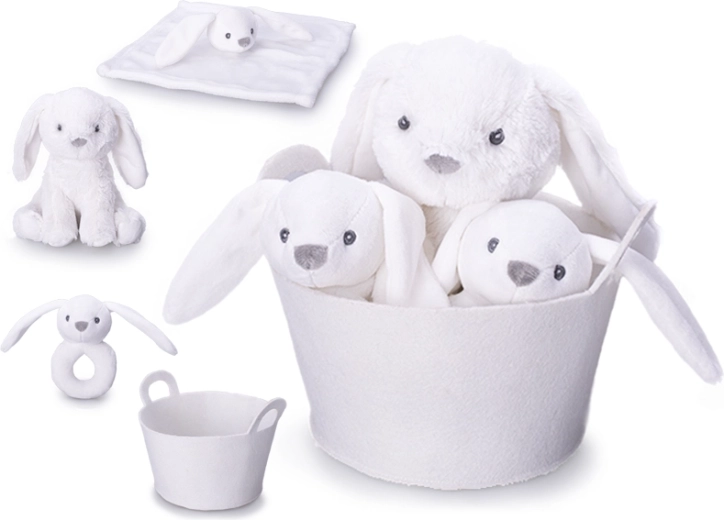 Set de regalo para bebé – conejito blanco de peluche 20 cm, sonajero y doudou en una cesta suave