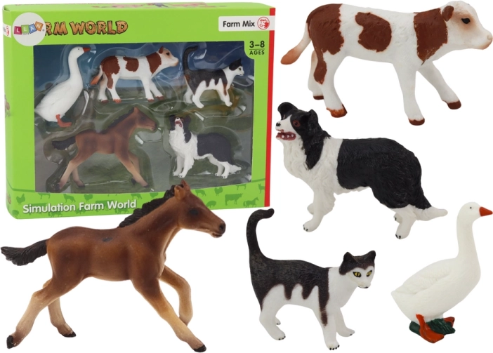 Set de figuras de animales domésticos y de granja 5 uds. – caballo, vaca, gato, ganso, perro
