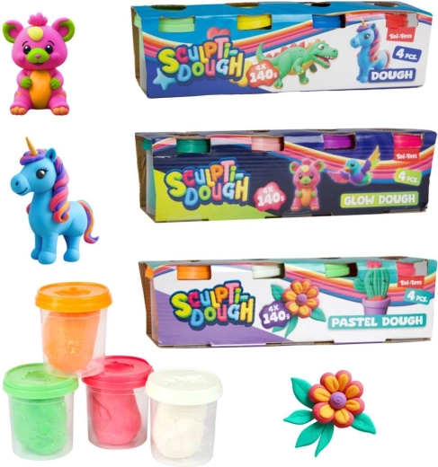 Plastilina 4×140 g en vasitos: clásica, pastel o luminosa