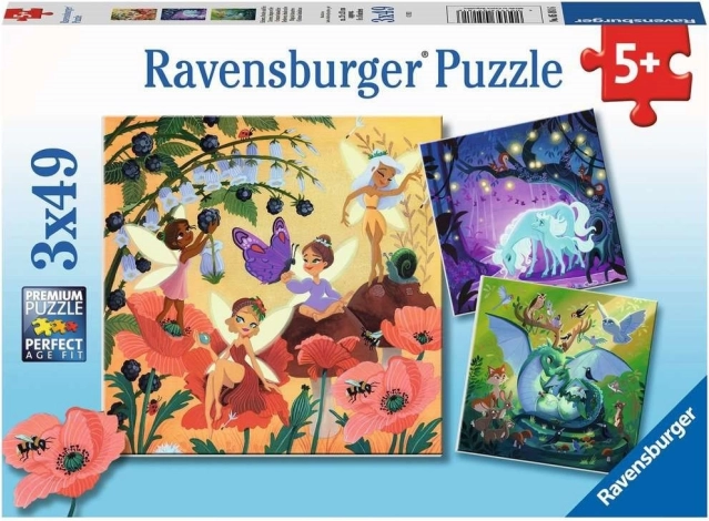 Puzzle Ravensburger de hadas, dragón y unicornio – 3×49 piezas