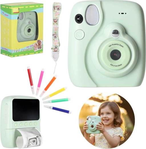Cámara digital instantánea infantil con zoom 16×, verde, con kit de accesorios