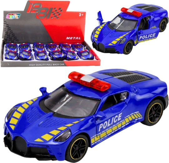 Coche deportivo policial de metal 1:43 con mecanismo pull-back y puertas que se abren – azul
