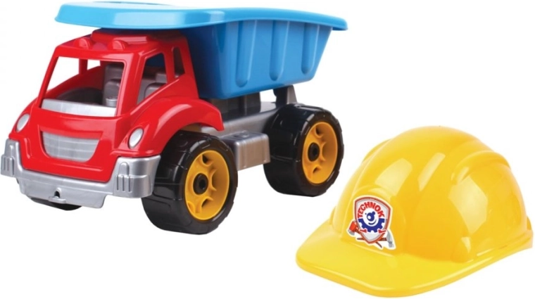 Camión volquete de plástico con casco para pequeños constructores