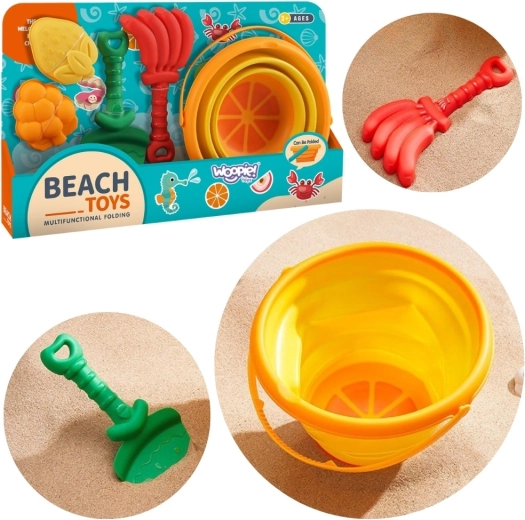 Woopie set de playa para arena de frutas tropicales con cubo plegable, pala, rastrillo y moldes