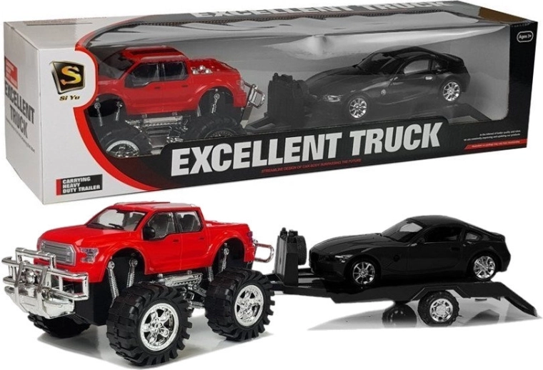 Conjunto de vehículos: monster truck rojo con remolque y BMW negro de 58 cm