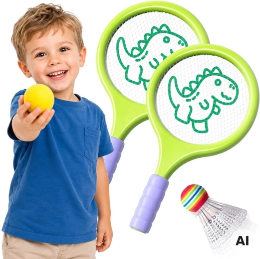 Set de bádminton Woopie con raquetas, pelota de espuma y volante con cesta de dinosaurio