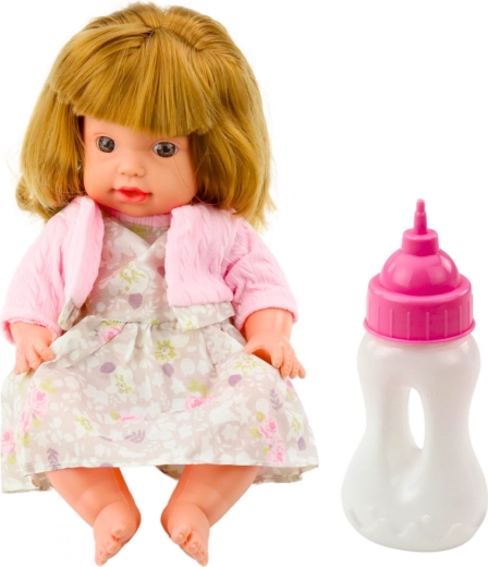 Muñeca bebé con biberón para alimentar con sonidos, con vestido rosa, 30 cm
