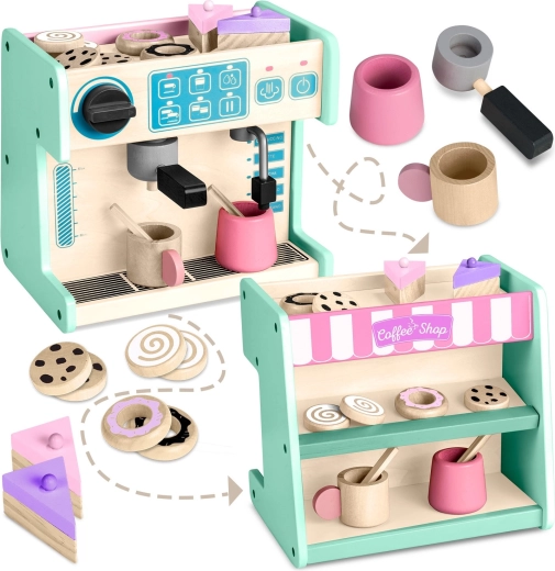 Cafetería de madera con cafetera Ricokids 2 en 1, color menta