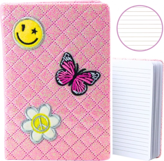 Cuaderno rosa con brillantina B6 con parches, 80 hojas