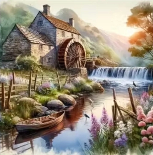 Norimpex pintura de diamantes molino en el río con barca 30 × 40 cm