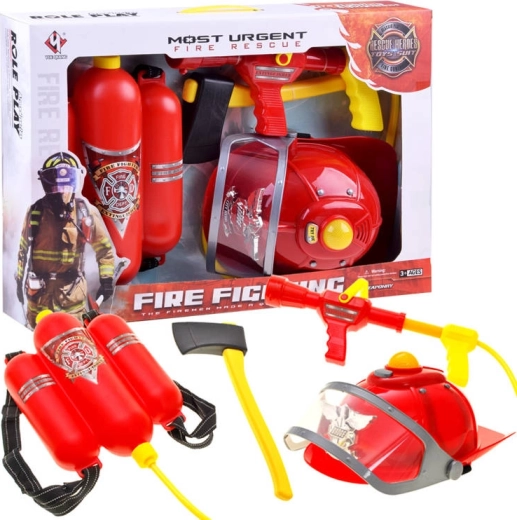 Set de bombero infantil con casco con luz y sonido, mochila de agua y accesorios