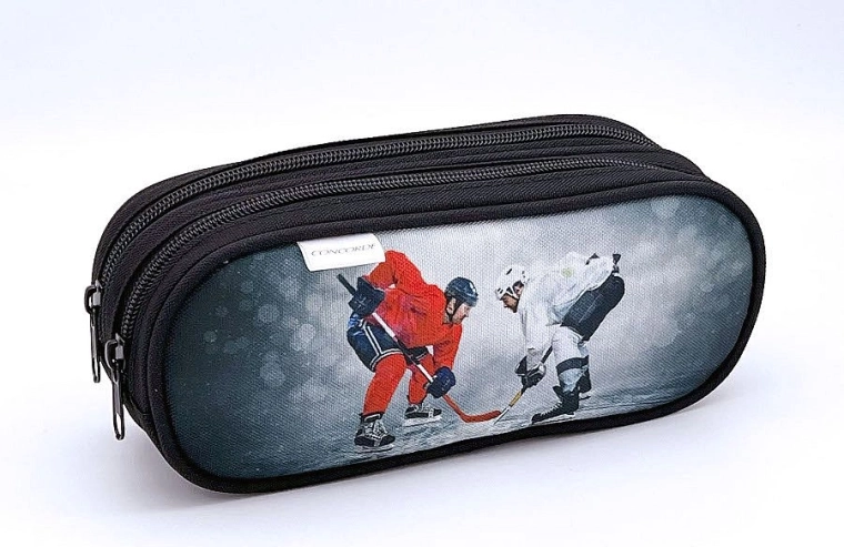 Estuche con motivo de hockey sobre hielo, 2 cremalleras, gris