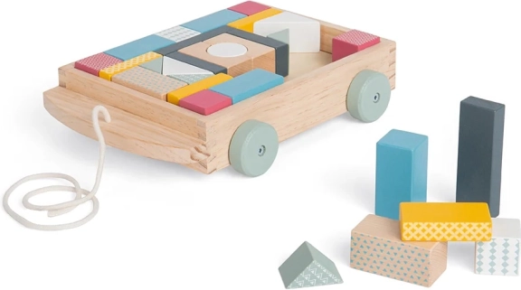 Bigjigs Toys carrito de arrastre de madera con bloques