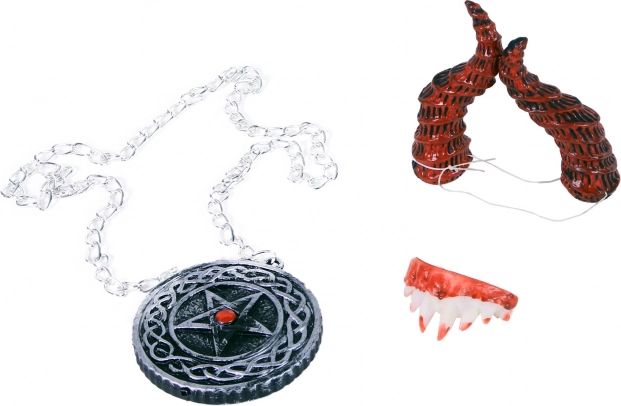 Set de accesorios de diablo: cuernos, collar y colmillos de vampiro