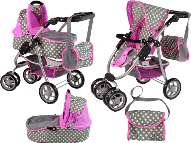 Cochecito infantil con capazo y bolso Rosa con estrellas