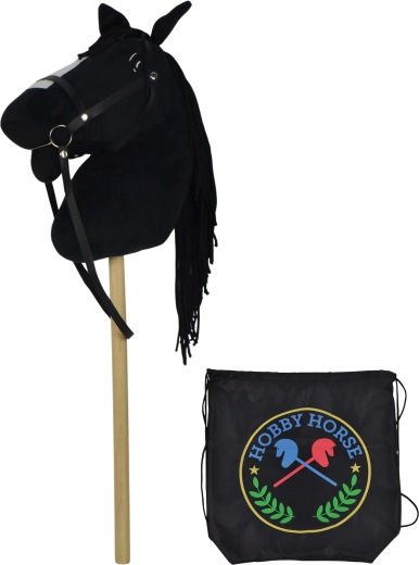 Caballo balancín negro en palo con sonidos y mochila 73 cm