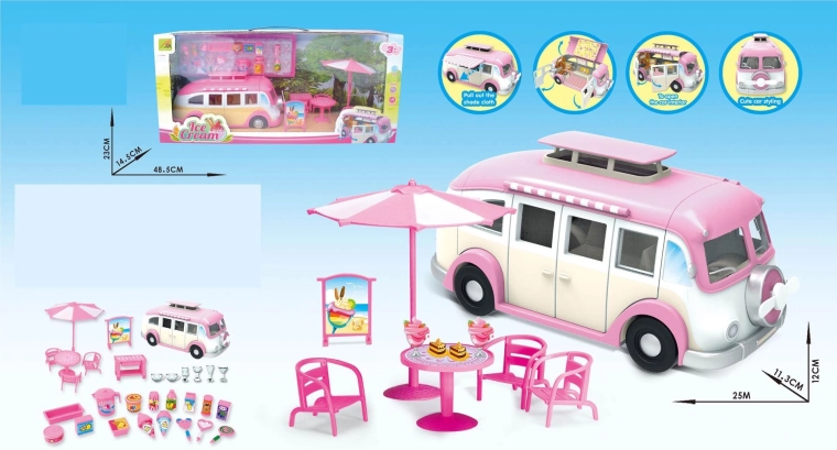 Caravana rosa plegable con heladería y numerosos accesorios