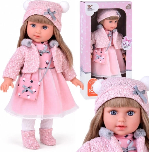 Muñeca de 43 cm con cabello largo, vestido rosa y chaquetita