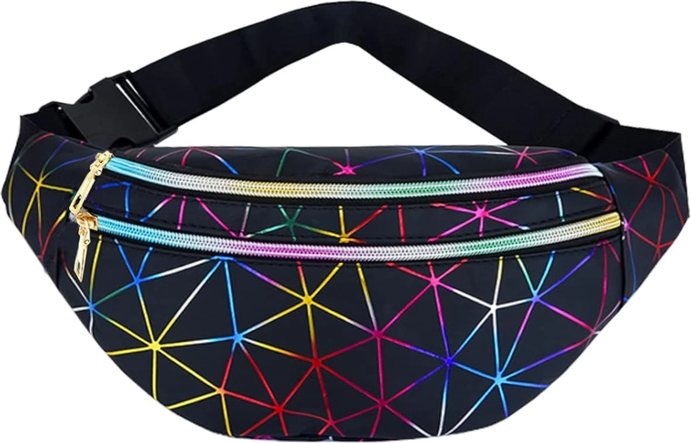 Riñonera unisex con patrón geométrico holográfico, 3 bolsillos, correa ajustable