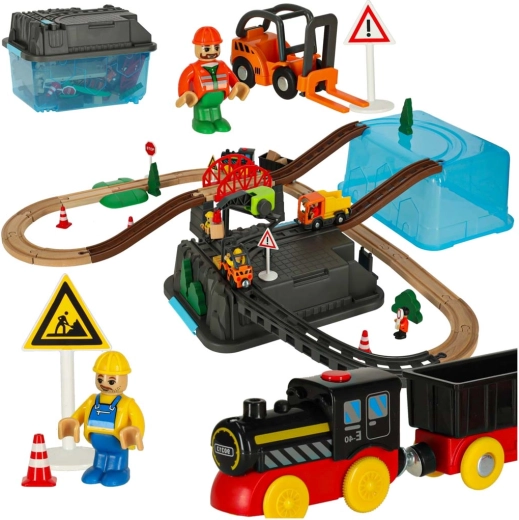 Vía de tren de construcción de madera de 55 piezas con locomotora y accesorios