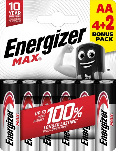 Pilas alcalinas Energizer Max AA 6 uds (4+2 gratis)