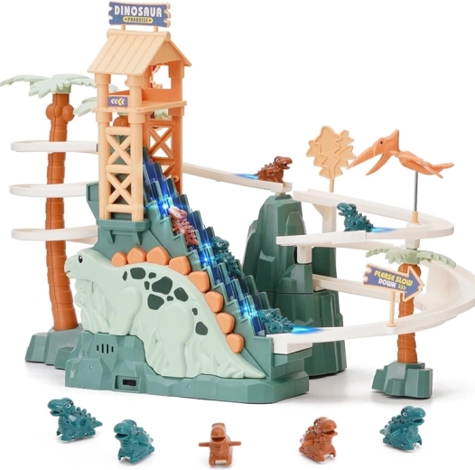 Pista interactiva de dinosaurios con tobogán, escaleras mecánicas, luces y música
