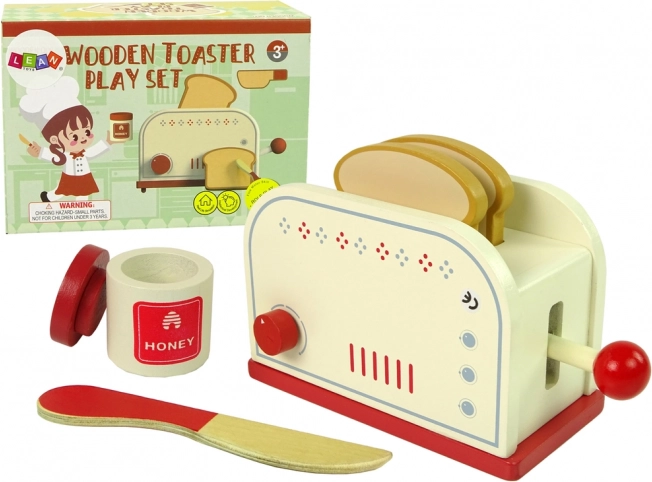 Tostadora de madera con accesorios de cocina para niños