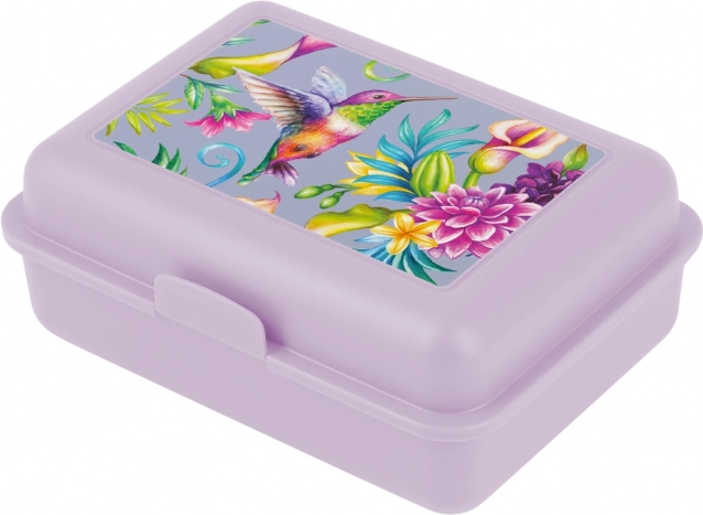 Caja para merienda morada con motivo de colibrí