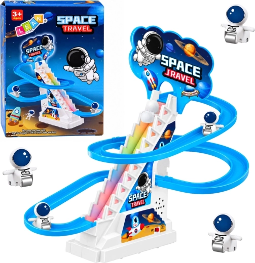 Pista cósmica con tobogán para astronautas, luces y música
