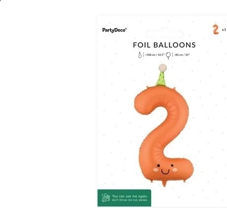 PartyDeco globo de foil número 2 naranja con carita, 86 cm