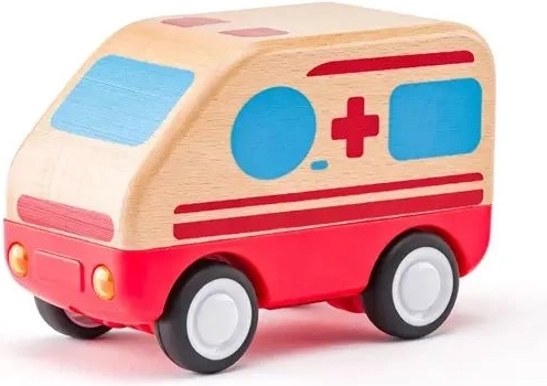 Ambulancia de madera Woody con motor de inercia, luz y sonido