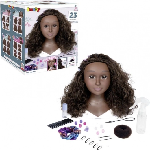 Cabeza de peinado afro con accesorios y maquillaje mágico