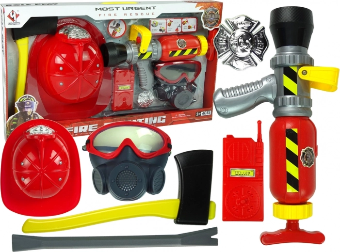 Set infantil de bombero con pistola rociadora de agua, máscara y casco rojo