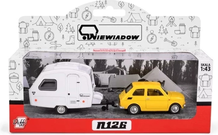 Fiat 126p con caravana remolque Niewiadów amarilla (1:43)