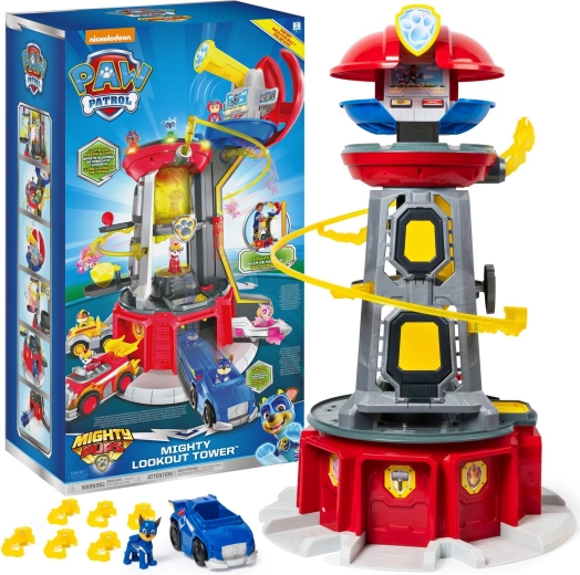 Paw Patrol Mighty Pups gran torre de vigilancia con vehículo y figura de Chase