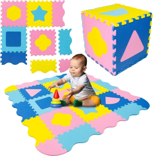 Alfombra educativa de espuma Humbi 3 en 1 con parque y formas 120 × 120 cm, rosa/amarilla/azul