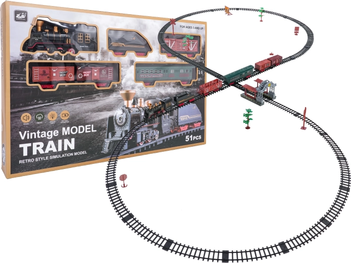 tren retro con humo, luces y sonidos
