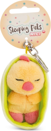 Llavero de peluche NICI Sleeping Pets – pollito dormido en estuche verde, 12 cm
