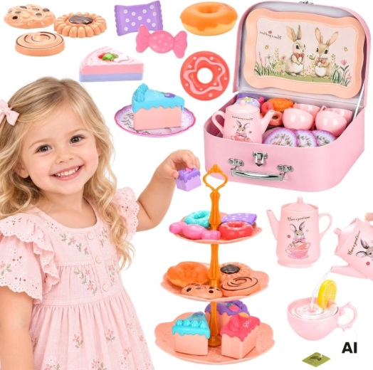 Set infantil de té y café WOOPIE con motivo de conejitos en maletín, 48 piezas