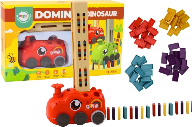 Tren de dinosaurio rojo a pilas que construye dominó de colores