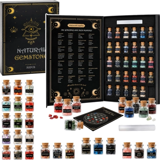 Set de minerales naturales y cristales en frascos de vidrio en libro de regalo (30 uds.)