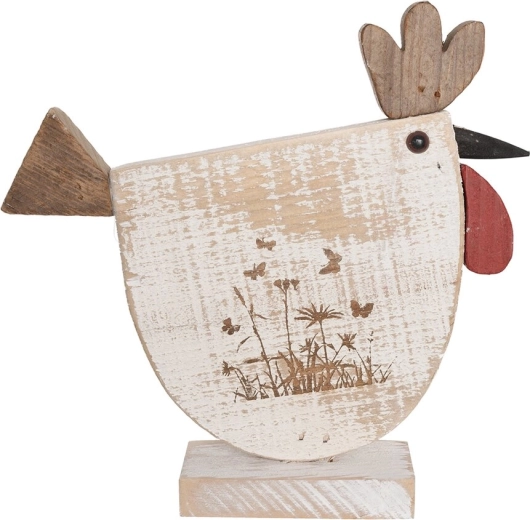 Decoración de madera Gallina con motivo floral beige