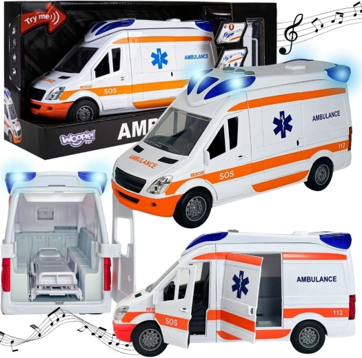 Ambulancia de rescate Woopie con camilla, luces y sonidos